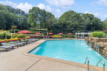 Sparkling pool plaza with cascading water fall